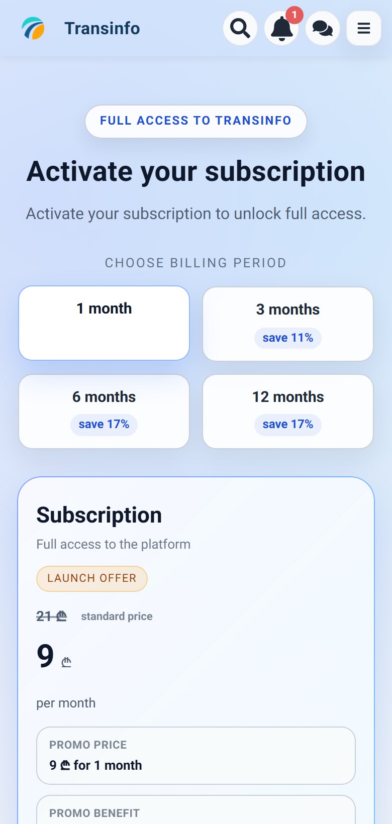 Payment. Mobile account menu